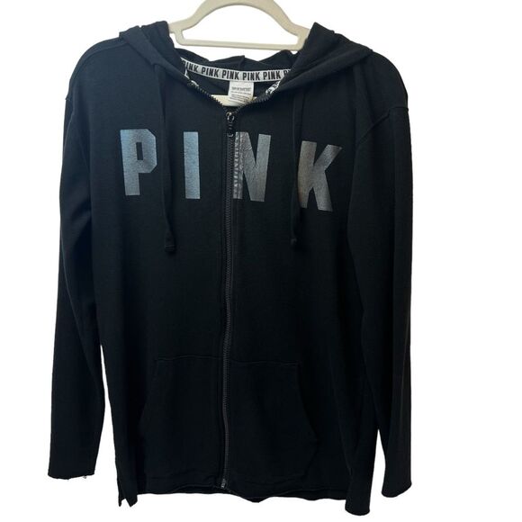 Pink Victoria’s Secret Oversized Logo Full Zip Hoodie Black XS - Picture 2 of 6
